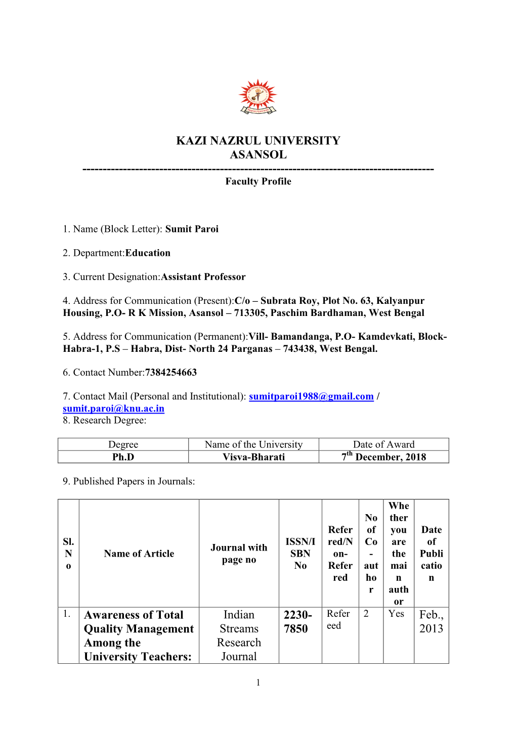 KAZI NAZRUL UNIVERSITY ASANSOL ------Faculty Profile