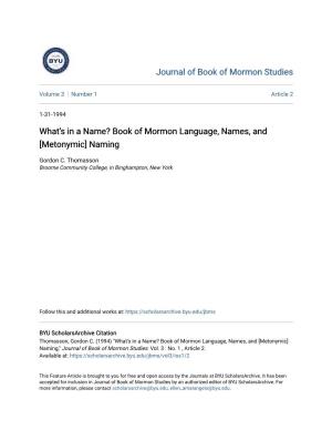 Book of Mormon Language, Names, and [Metonymic] Naming