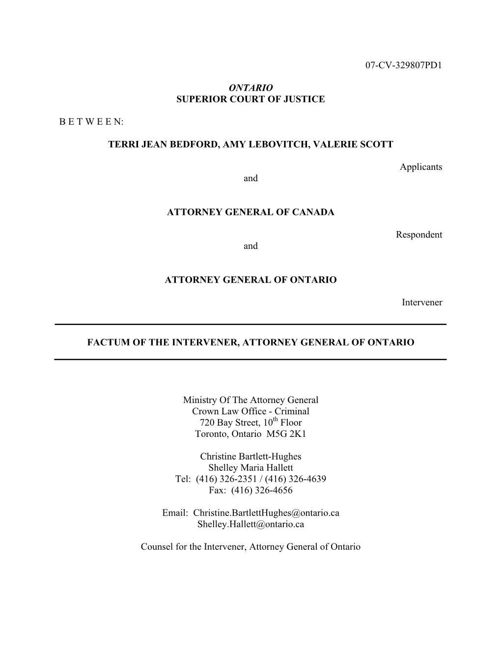 07-Cv-329807Pd1 Ontario Superior Court of Justice