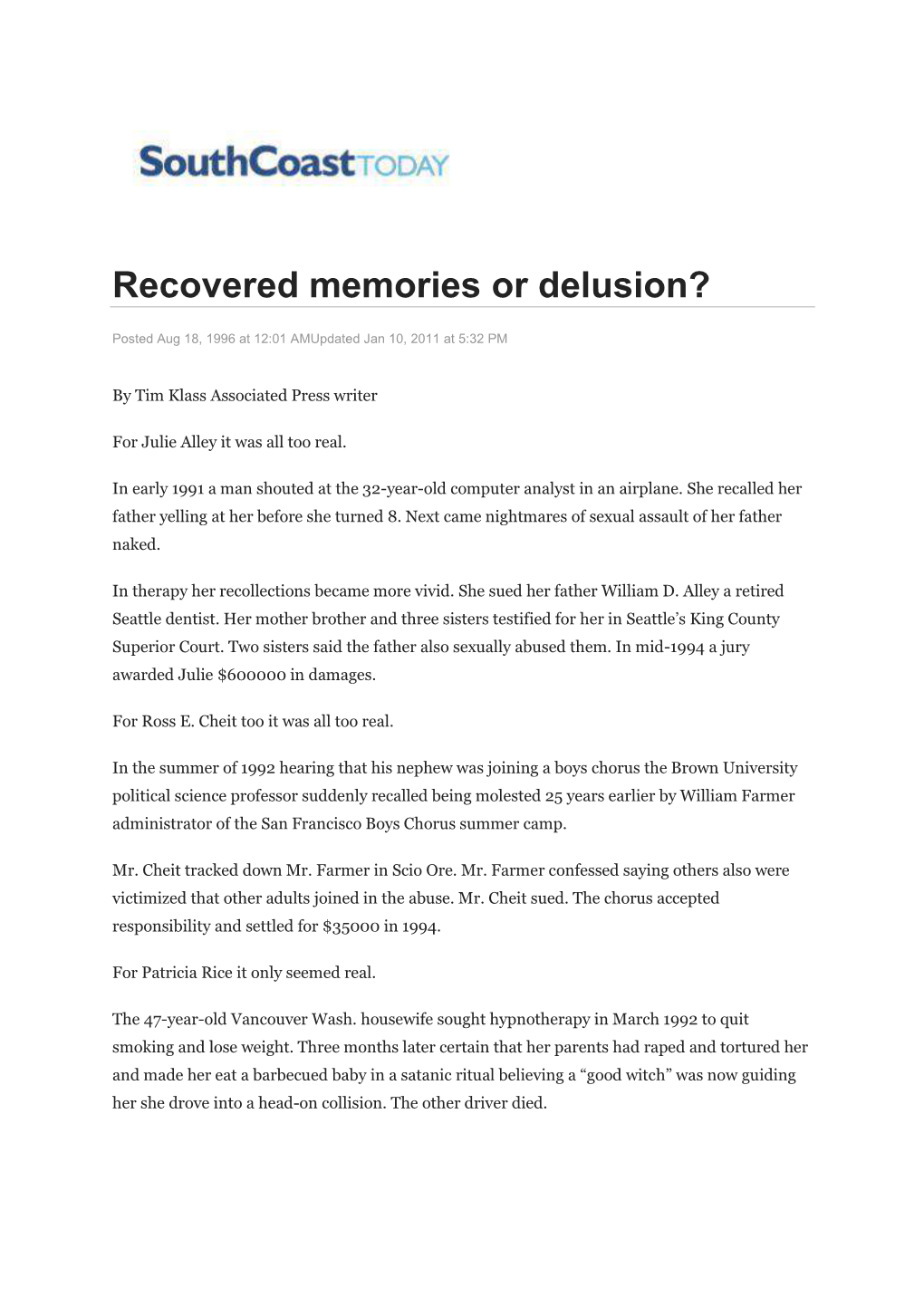 Recovered Memories Or Delusion?