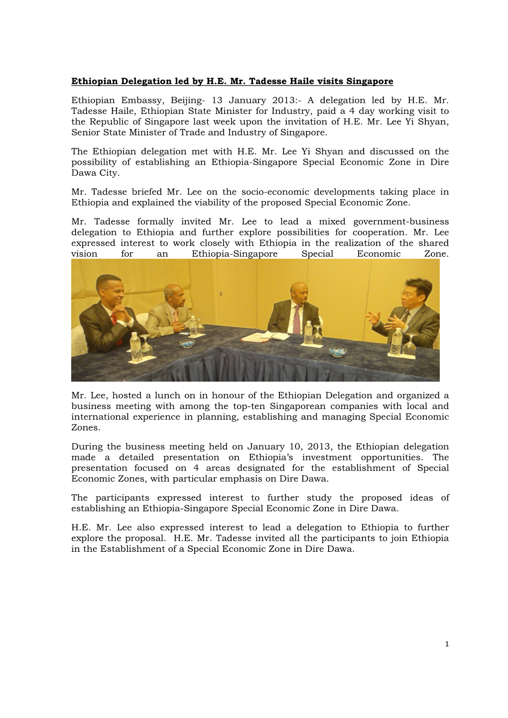 Ethiopian Delegation Led by HE Mr. Tadesse Haile Visits Singapore