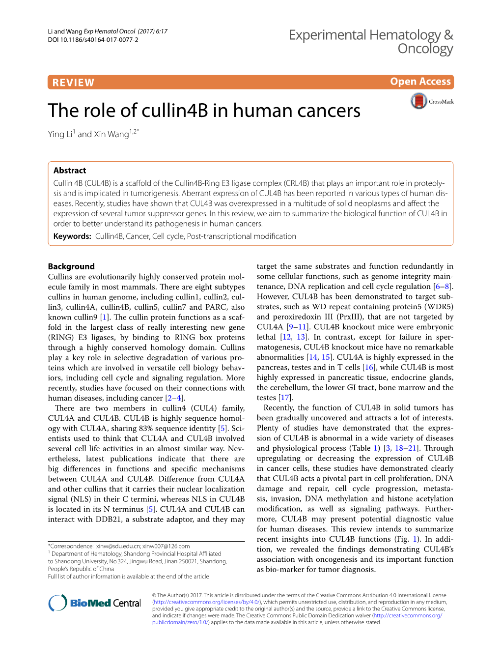 The Role of Cullin4b in Human Cancers Ying Li1 and Xin Wang1,2*