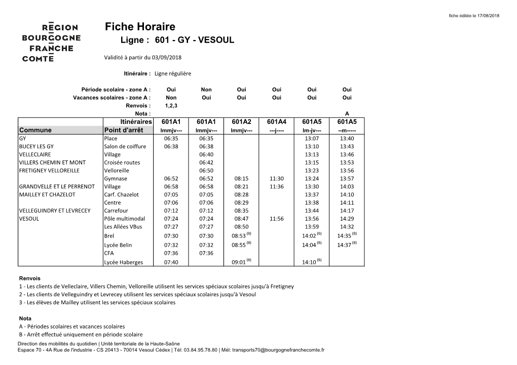 Fiche Horaire Ligne : 601 - GY - VESOUL