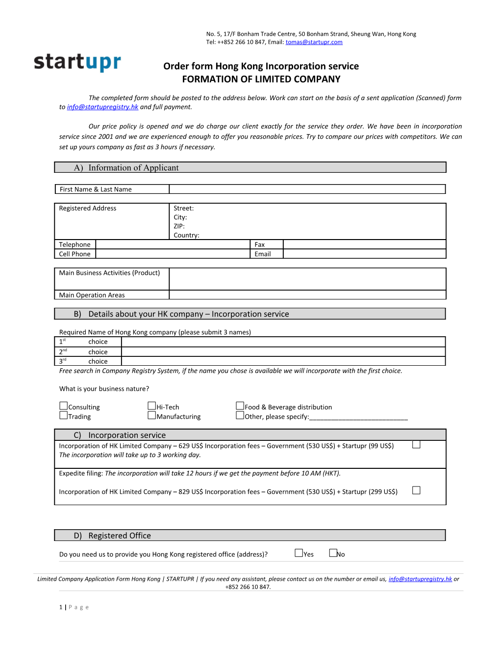 Order Form Hong Kong Incorporation Service