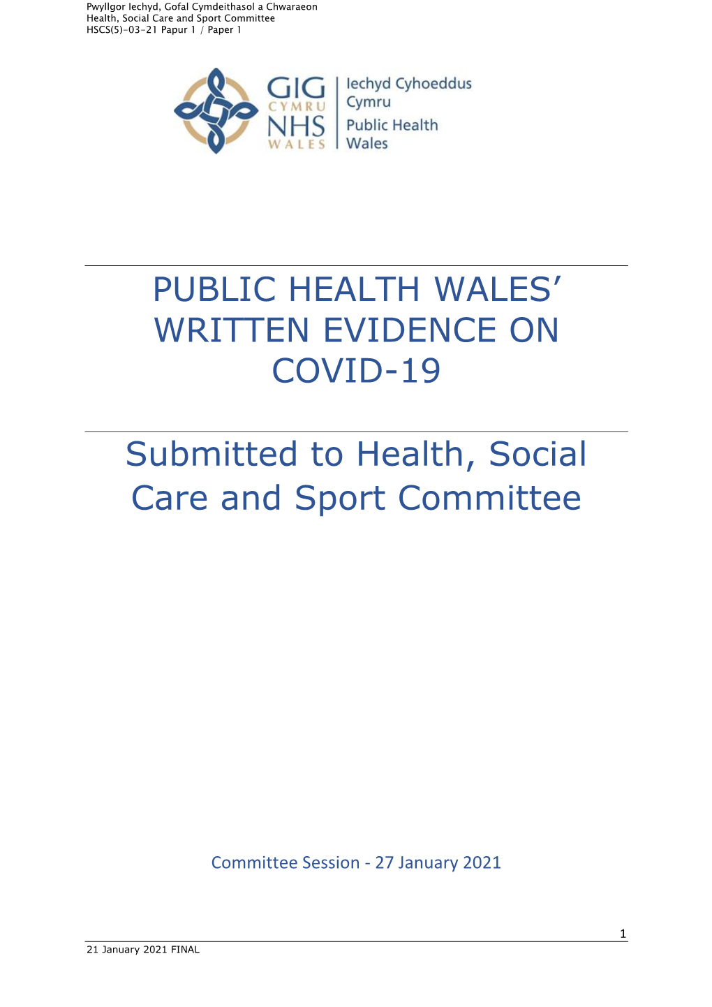 Public Health Wales' Written Evidence on Covid-19