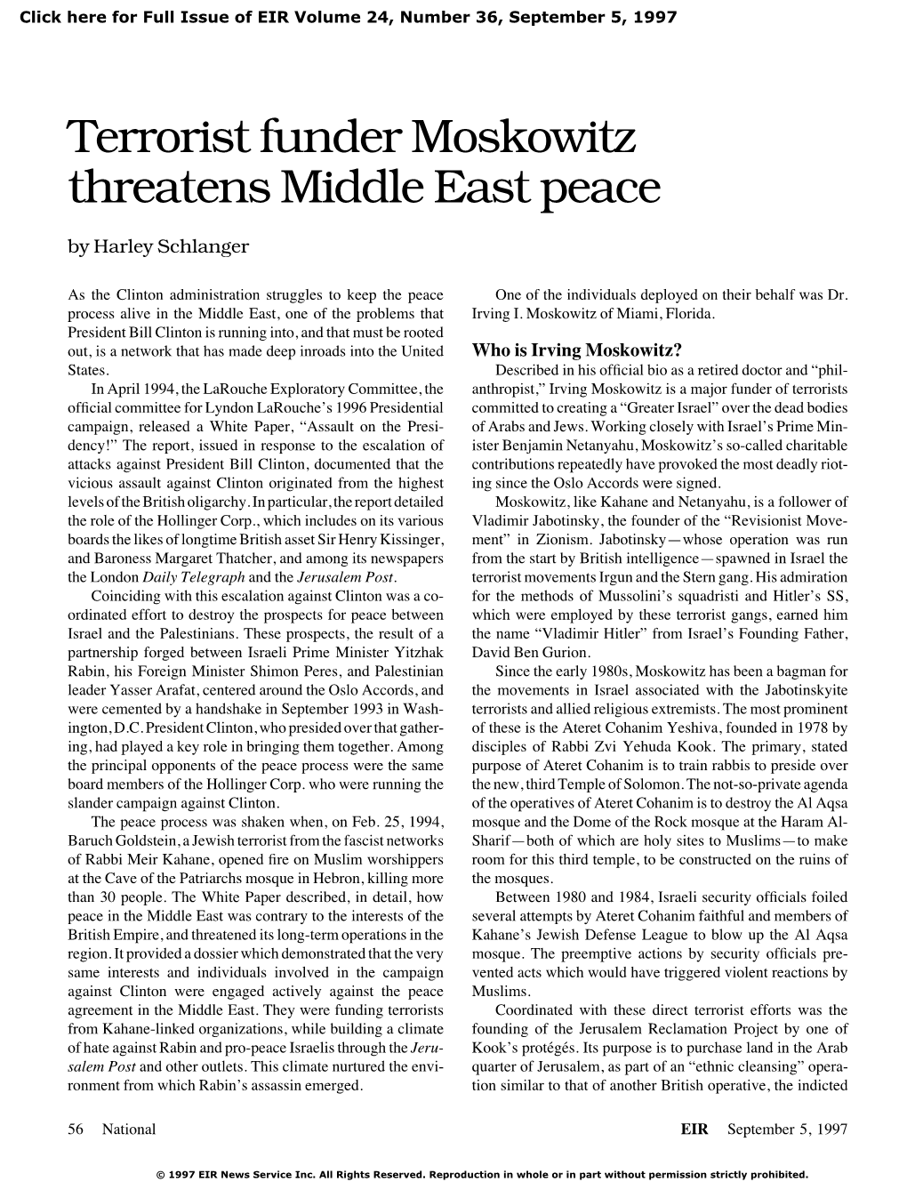 Terrorist Funder Moskowitz Threatens Middle East Peace