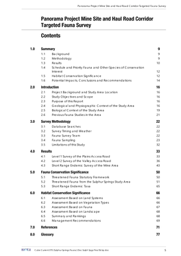 Panorama Project Mine Site and Haul Road Corridor Targeted Fauna Survey Contents