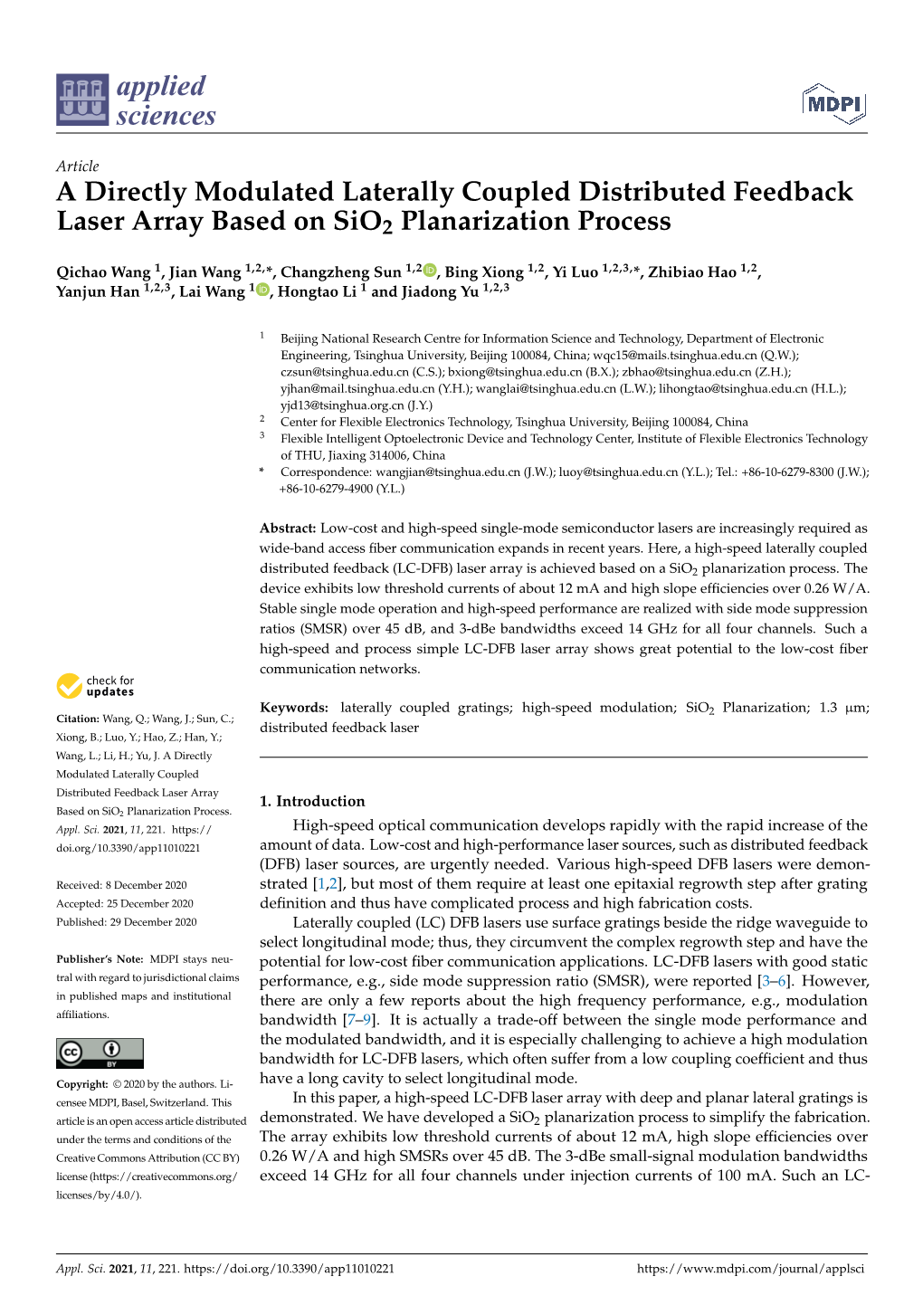 A Directly Modulated Laterally Coupled Distributed Feedback Laser Array Based on Sio2 Planarization Process