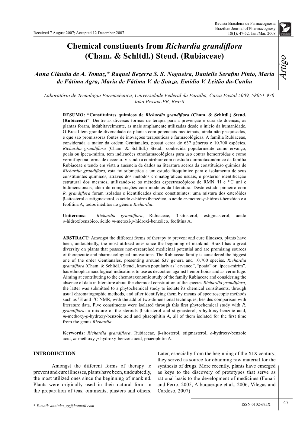 Chemical Constiuents from Richardia Grandiflora (Cham. & Schltdl.)