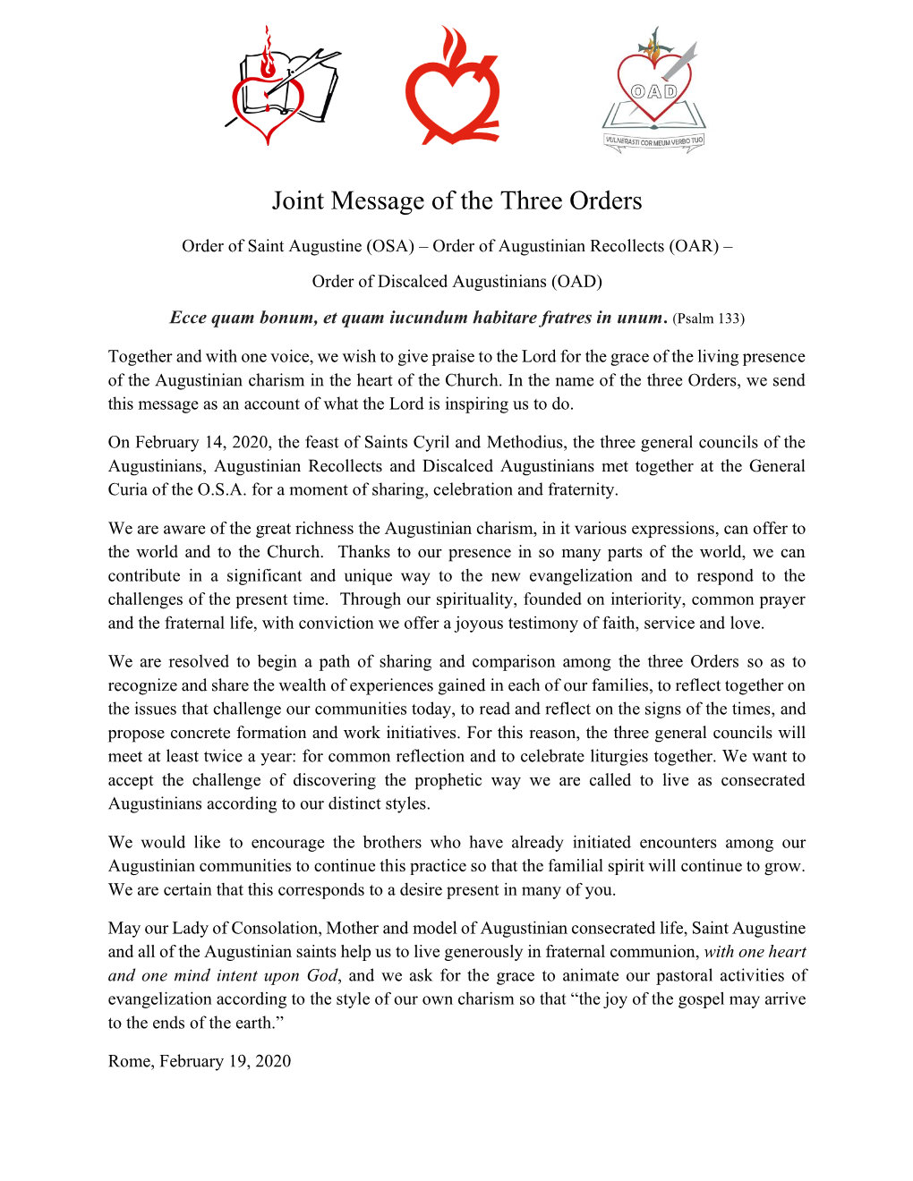 Joint Message of the Three Orders