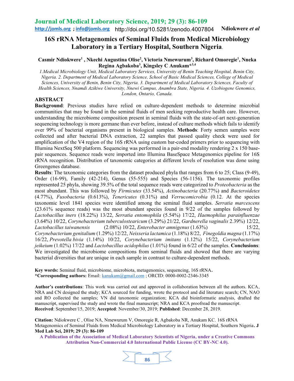 Journal of Medical Laboratory Science, 2019; 29 (3): 86