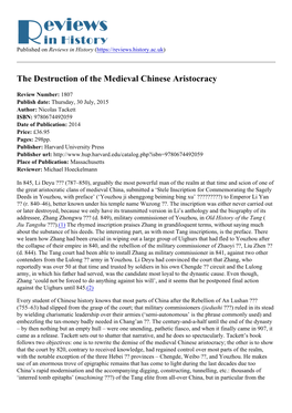 The Destruction of the Medieval Chinese Aristocracy