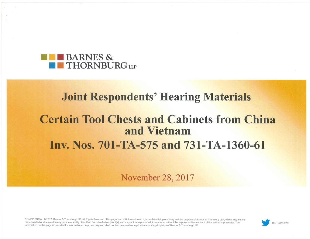 Joint Respondents' Hearing Materials Certain Tool Chests and Cabinets from China and Vietnam Inv