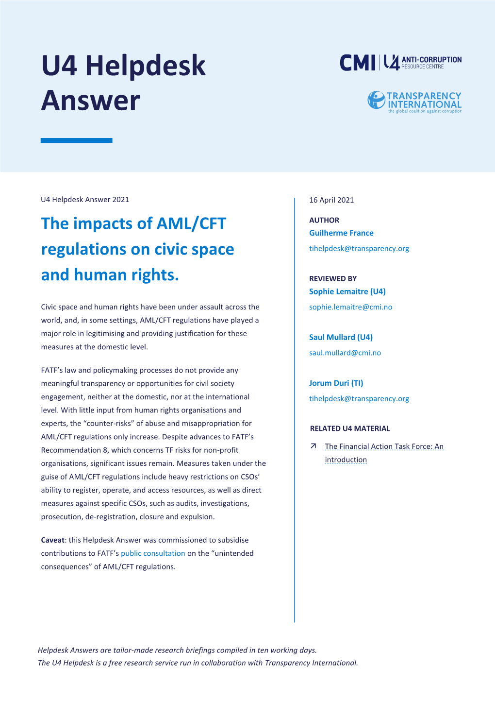 The Impacts of AML/CFT Regulation on Civic Space and Human Rights 2 DRAFT VERSION