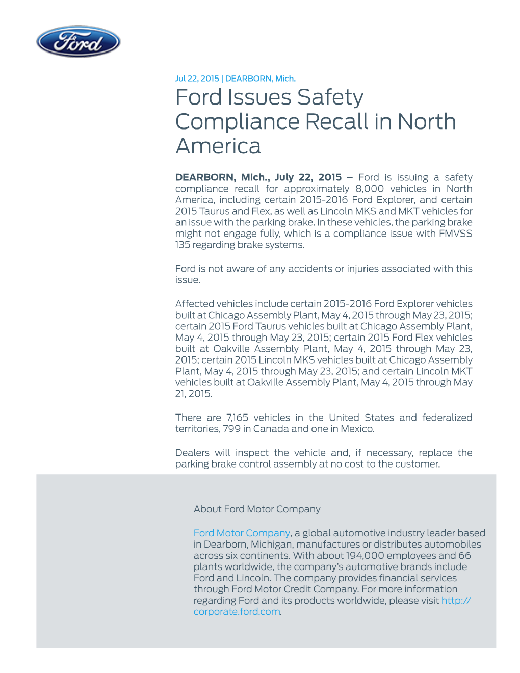 Ford Issues Safety Compliance Recall in North America