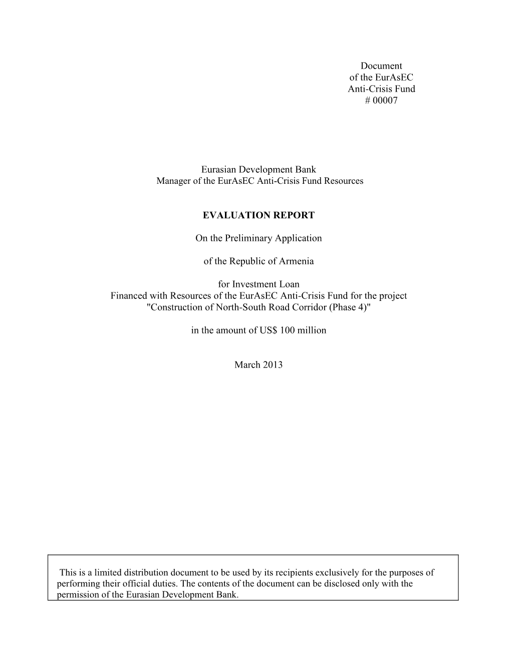 Document of the Eurasec Anti-Crisis Fund # 00007 Eurasian