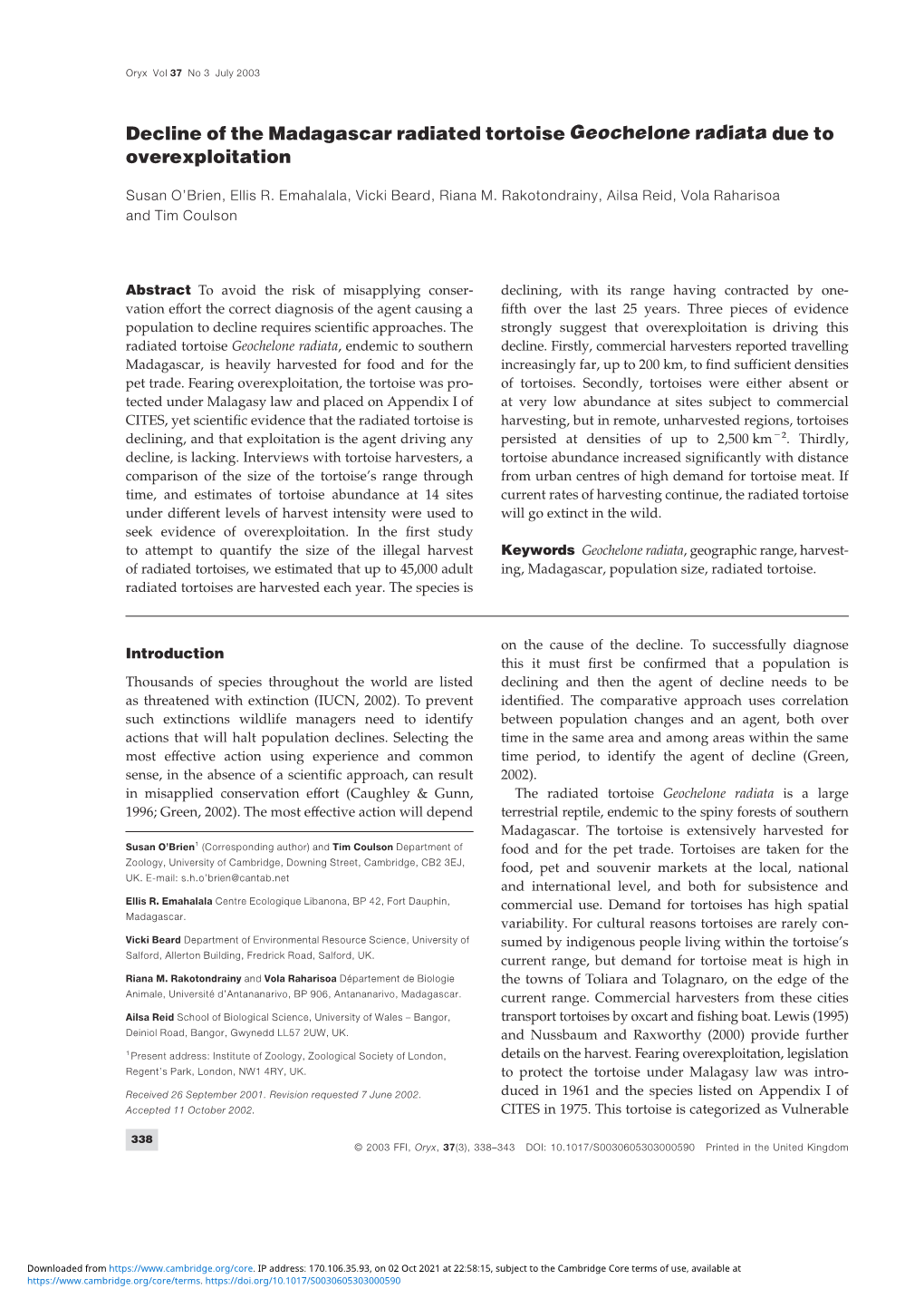 Decline of the Madagascar Radiated Tortoise Geochelone Radiata Due to Overexploitation