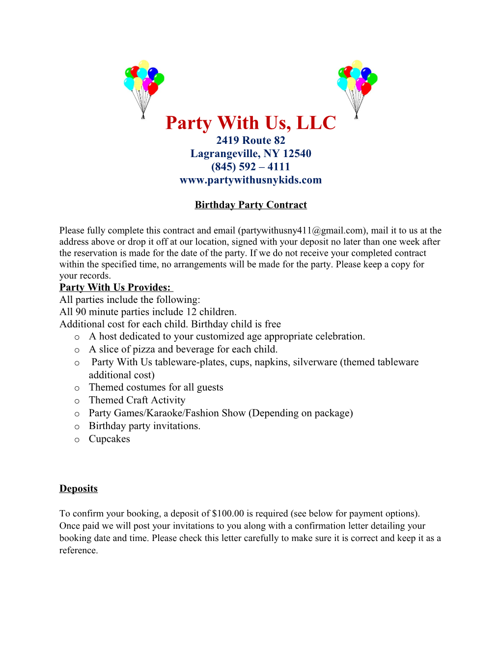 Birthday Party Contract