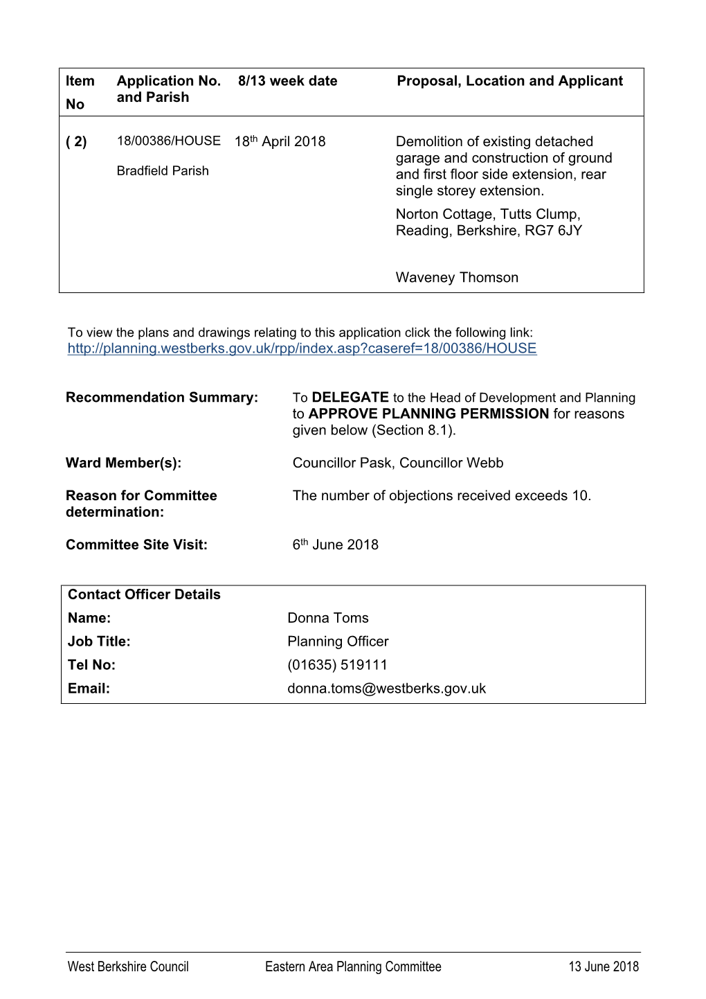 West Berkshire Council Eastern Area Planning Committee 13 June 2018 1