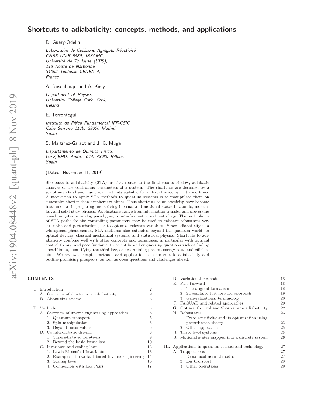 Arxiv:1904.08448V2 [Quant-Ph] 8 Nov 2019 CONTENTS Applica and Methods, Concepts, Adiabaticity: to Shortcuts I Methods II