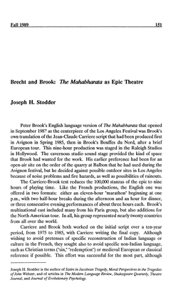 Brecht and Brook: the Mahabharata As Epic Theatre
