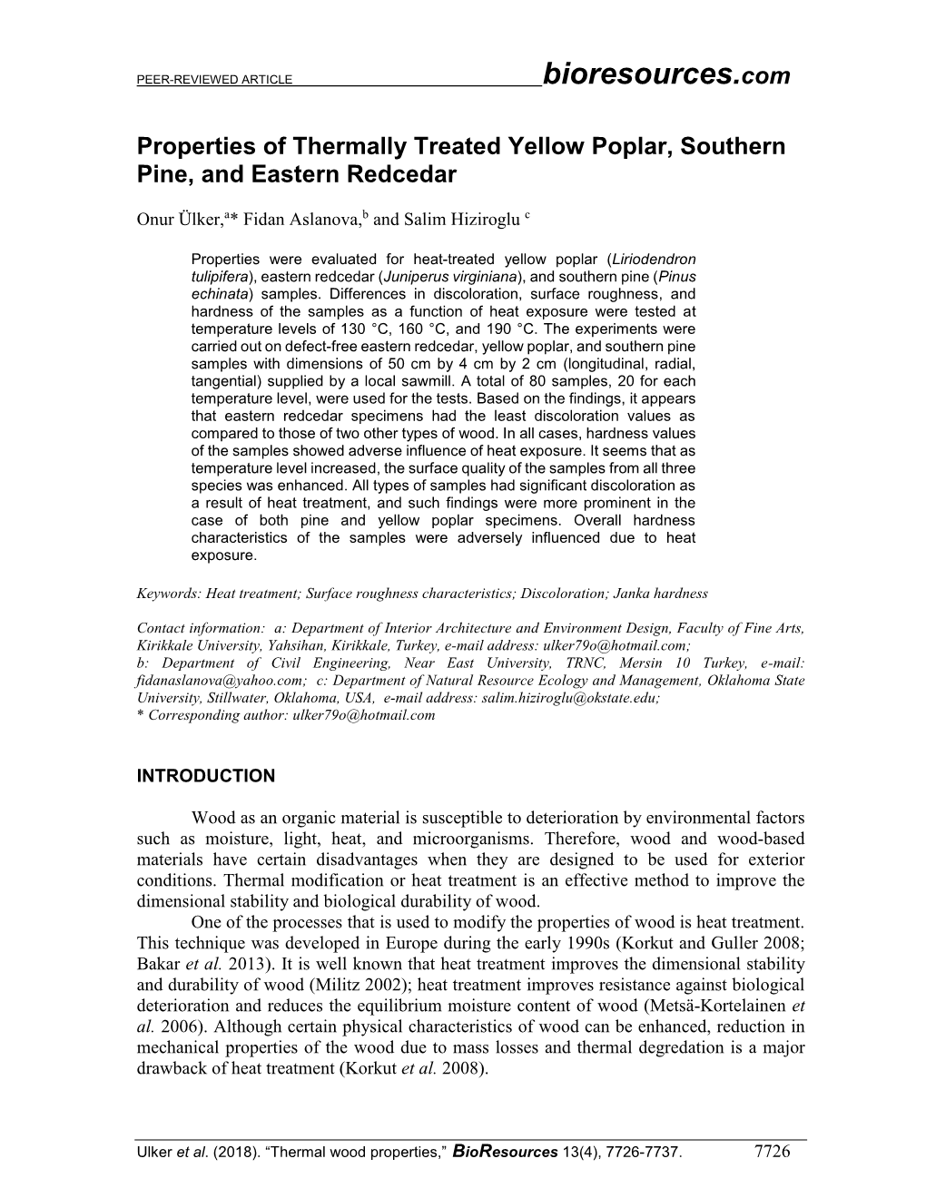 Properties of Thermally Treated Yellow Poplar, Southern Pine, and Eastern Redcedar