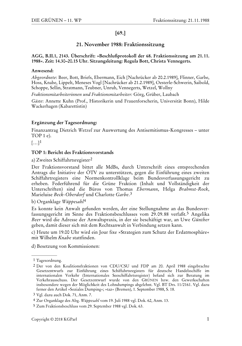 DIE GRÜNEN – 11. WP Fraktionssitzung: 21.11.1988