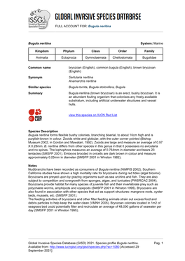 FULL ACCOUNT FOR: Bugula Neritina Global Invasive Species Database (GISD) 2021. Species Profile Bugula Neritina. Available From