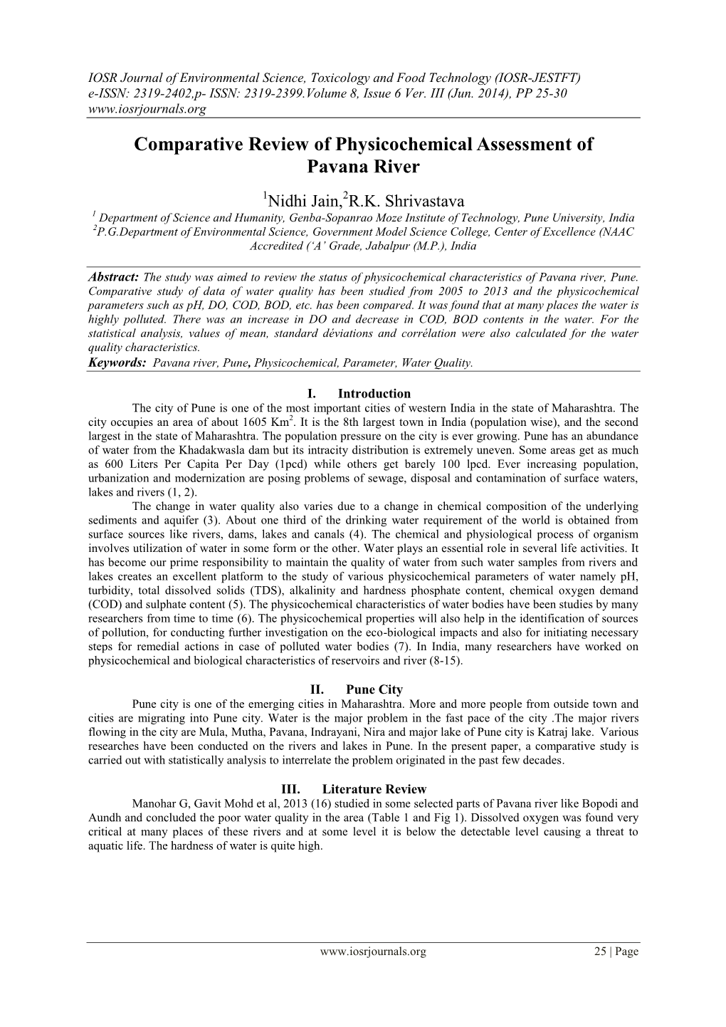 Comparative Review of Physicochemical Assessment of Pavana River