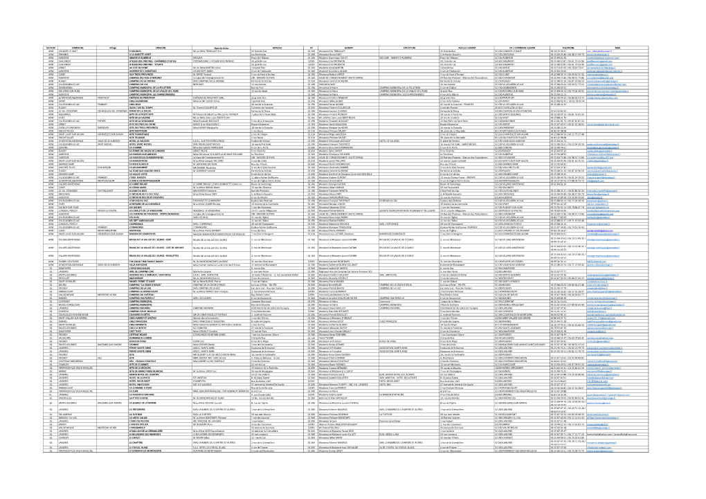 SECTEUR COMMUNE Village ENSEIGNE Nom Du Tireur ADRESSE CP GERANT STRUCTURE Adresse GERANT CP / COMMUNE GERANT TELEPHONE MAIL