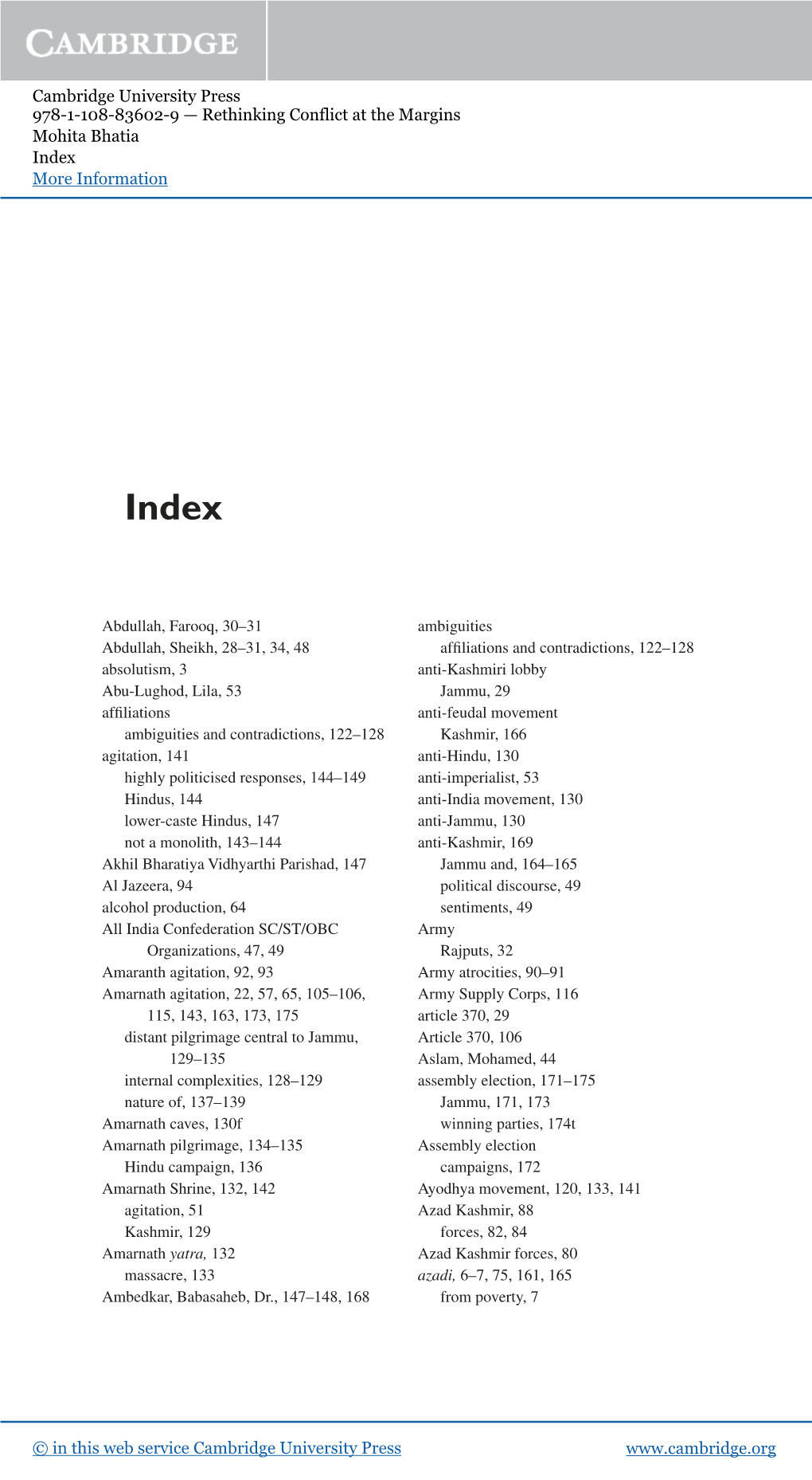 Cambridge University Press 978-1-108-83602-9 — Rethinking Conflict at the Margins Mohita Bhatia Index More Information