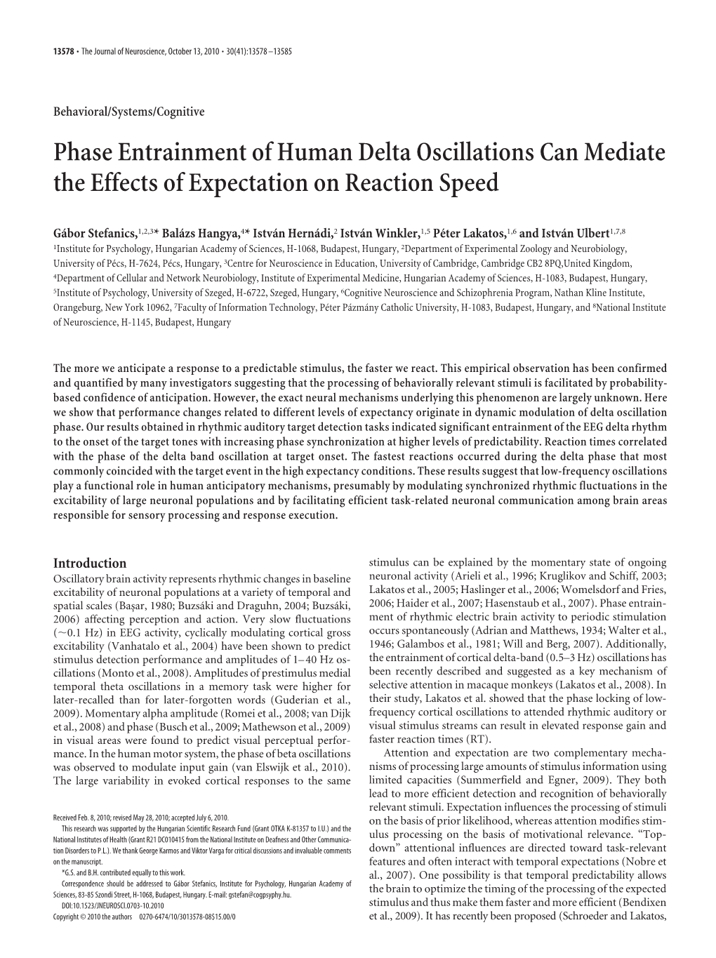 Phase Entrainment of Human Delta Oscillations Can Mediate the Effects of Expectation on Reaction Speed