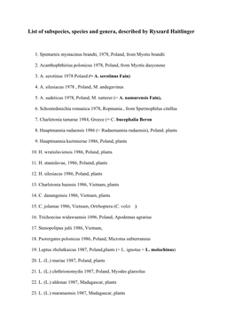 List of Subspecies, Species and Genera, Described by Ryszard Haitlinger