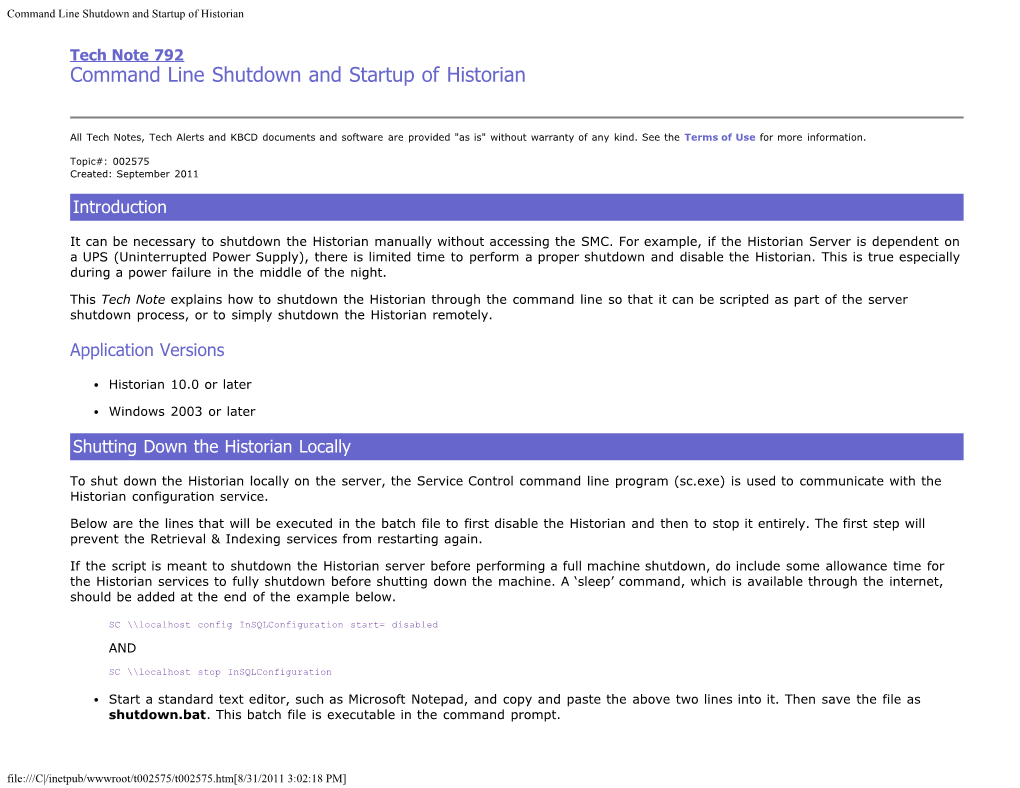 Tech Note 792 Command Line Shutdown and Startup of Historian