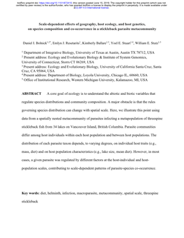 Scale-Dependent Effects of Geography, Host Ecology, and Host Genetics, on Species Composition and Co-Occurrence in a Stickleback Parasite Metacommunity