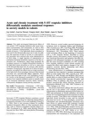 Acute and Chronic Treatment with 5-HT Reuptake Inhibitors Differentially Modulate Emotional Responses in Anxiety Models in Rodents