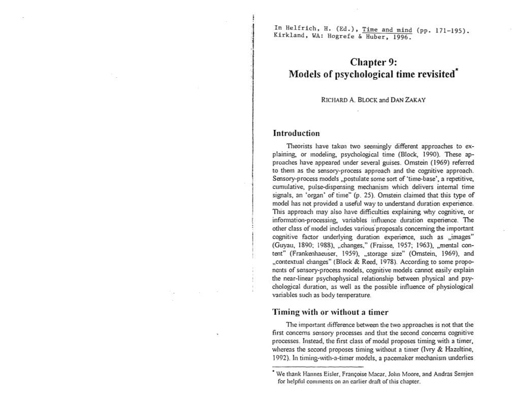 Chapter 9: Models of Psychological Time Revisited*