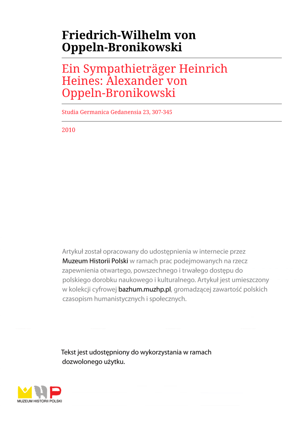 Friedrich-Wilhelm Von Oppeln-Bronikowski Ein Sympathieträger Heinrich Heines: Alexander Von Oppeln-Bronikowski