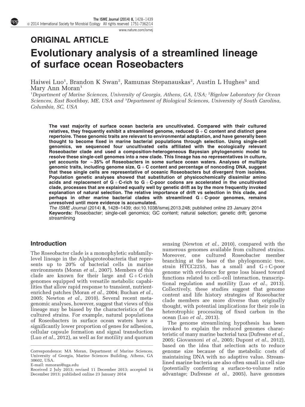 Evolutionary Analysis of a Streamlined Lineage of Surface Ocean Roseobacters