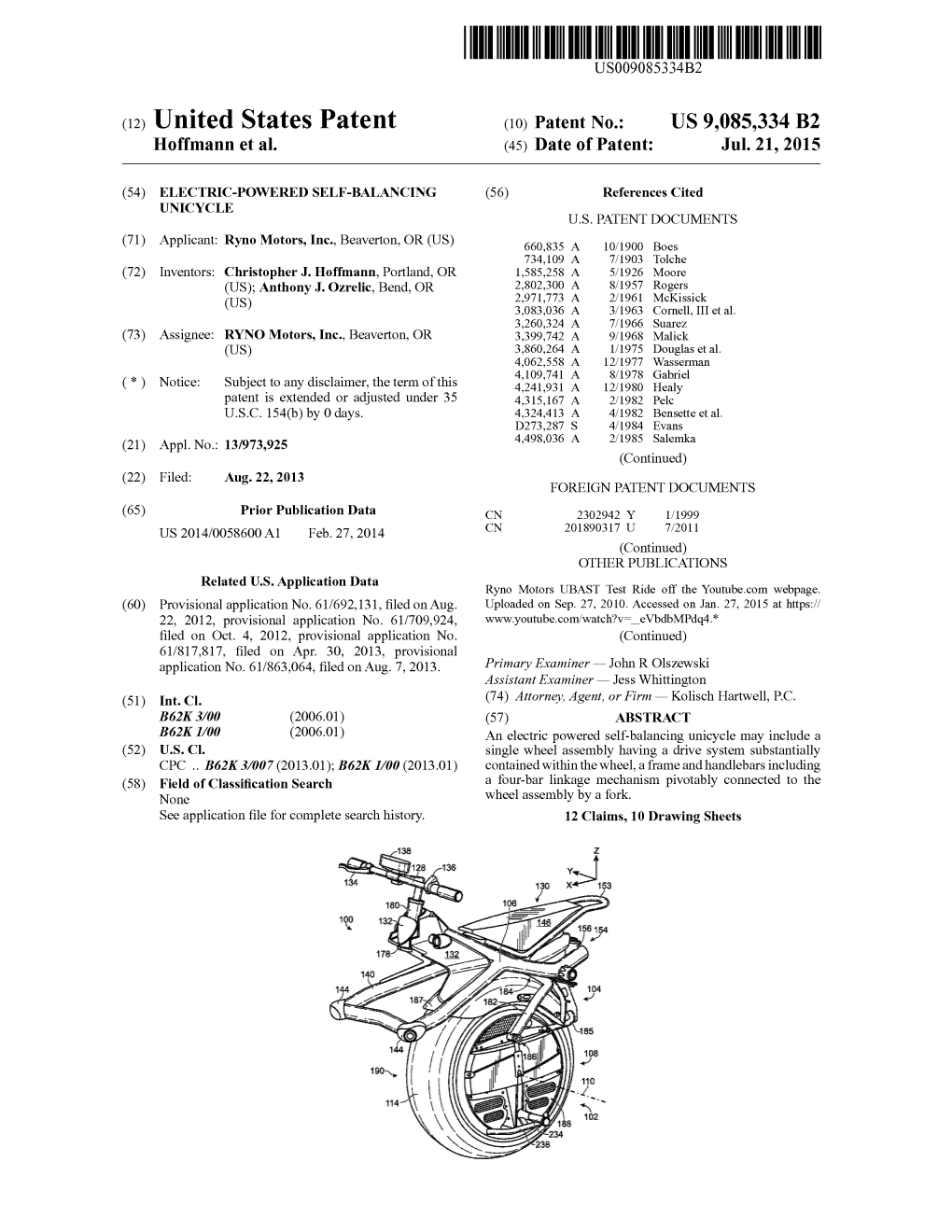 ΐ2) United States Patent (ΐο) Patent No.: US 9,085,334 Β2 Hoffmann Et Al