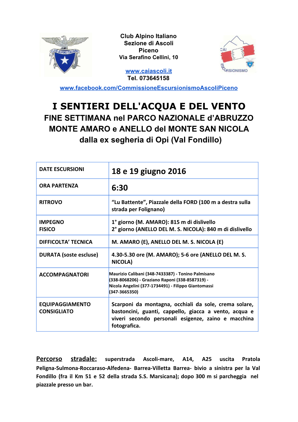 I SENTIERI DELL'acqua E DEL VENTO 18 E 19 Giugno 2016 6:30