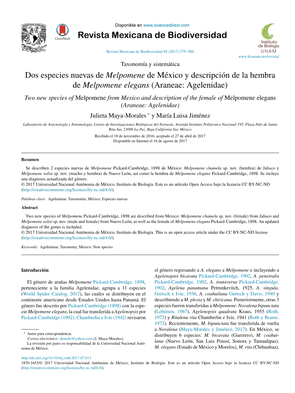 Melpomene De México Y Descripción De La Hembra