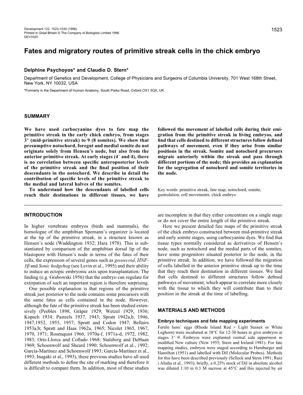 Fates and Migratory Routes of Primitive Streak Cells in the Chick Embryo