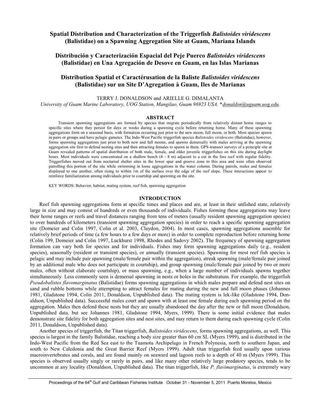 Spatial Distribution and Characterization of the Triggerfish Balistoides Viridescens (Balistidae) on a Spawning Aggregation Site at Guam, Mariana Islands