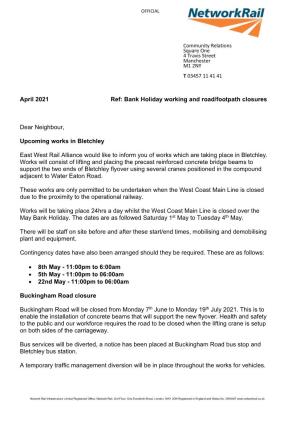 April 2021 Ref: Bank Holiday Working and Road/Footpath Closures Dear