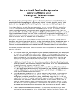 Ontario Health Coalition Backgrounder Brampton Hospital Crisis Warnings and Broken Promises January 24, 2020