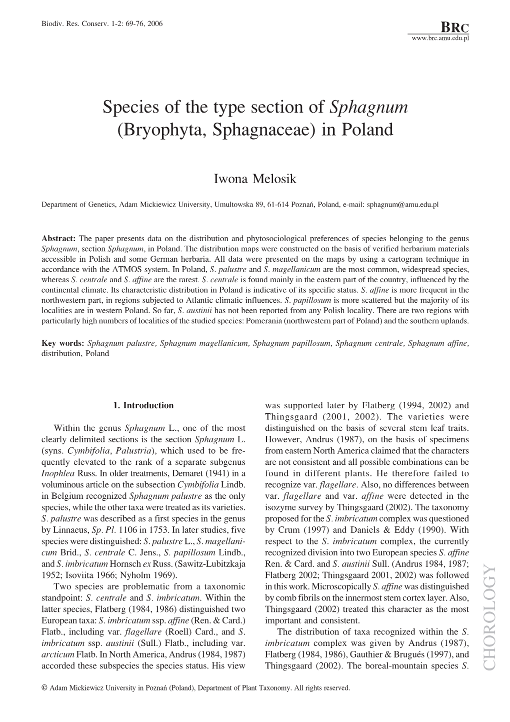 Species of the Type Section of Sphagnum (Bryophyta, Sphagnaceae) in Poland