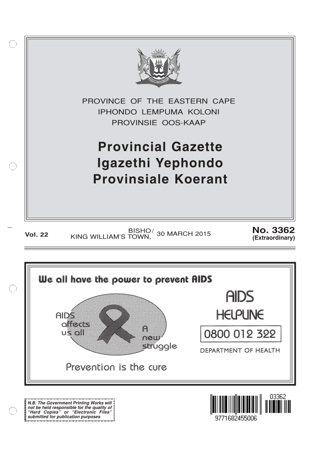 Provincial Gazette for Eastern Cape No 3362 of 30-March-2015, Volume