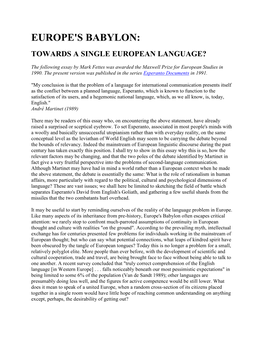 Europe's Babylon: Towards a Single European Language?