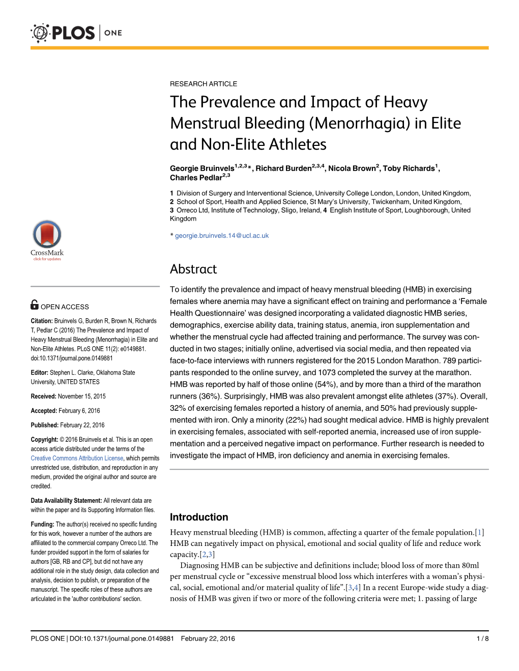 The Prevalence and Impact of Heavy Menstrual Bleeding (Menorrhagia) in Elite and Non-Elite Athletes